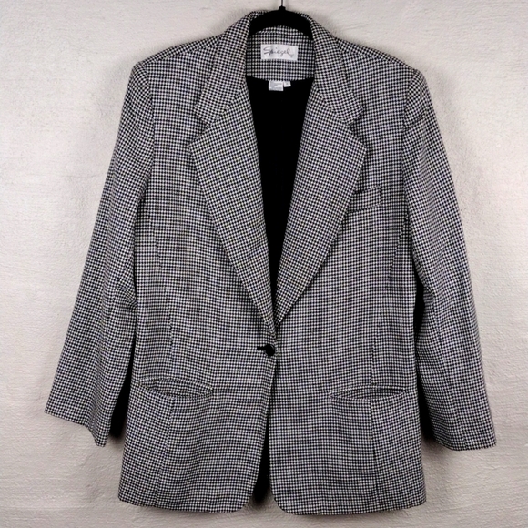 Spiegel Houndstooth Wool Blend One Notched Long Sleeve Button Front Blazer - Picture 2 of 14